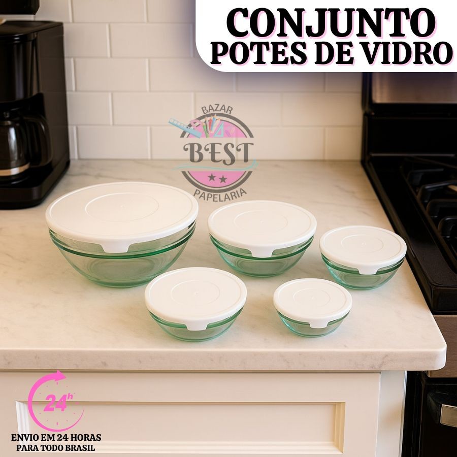 Conjunto Potes de Vidro com Tampa Hermética, Bowl Marmita e Armazenamento – 5 Peças