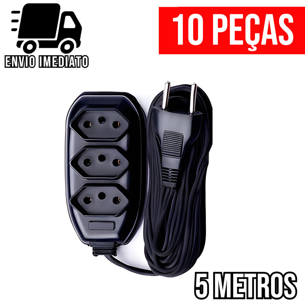 Kit 10 Extensão Elétrica 5 Metros Bivolt com 3 Tomadas 110v 220v Tripolar Alexa Compacta