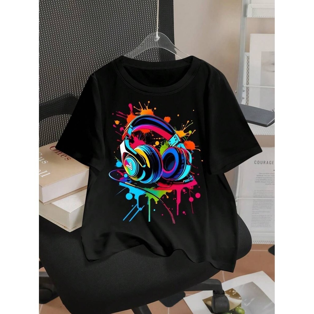 Tshirt Feminina Estilosa Estampada Fone Cores Lançamento Camiseta 100% Algodão Camisetão Camisa Oversized Plus Size