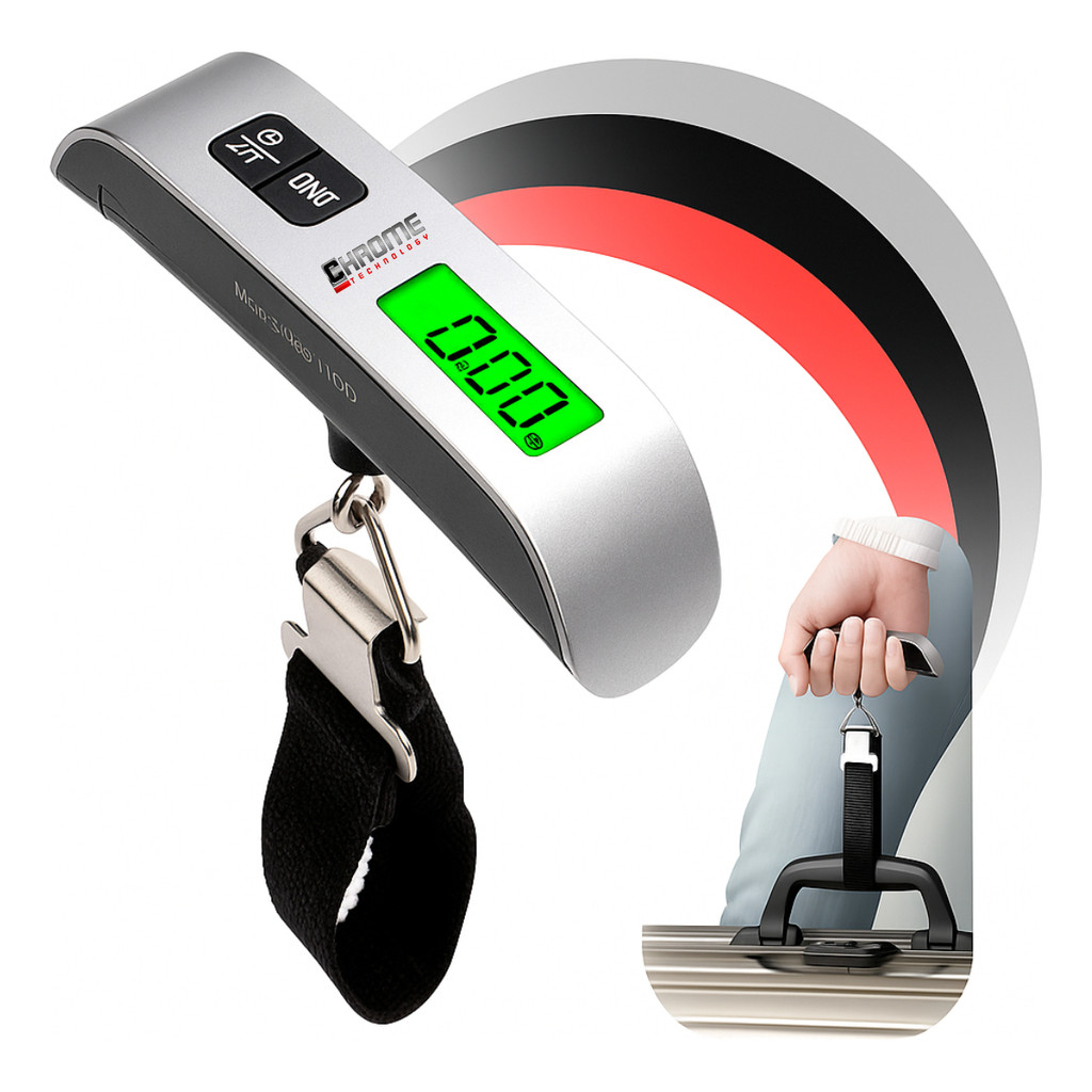 Imagem Balança Para Malas Viagem Digital Portátil Até 50kg Mão Trava Mala Bagagem Prateado Moderna Pratica Chrome Technology