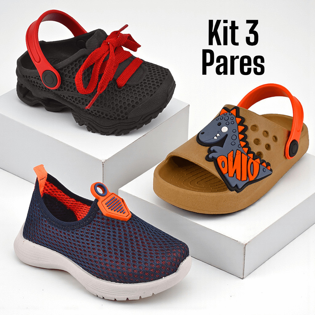 Kit 3 Pares Sandália Infantil Menino Confortável e Tênis Calce Facil
