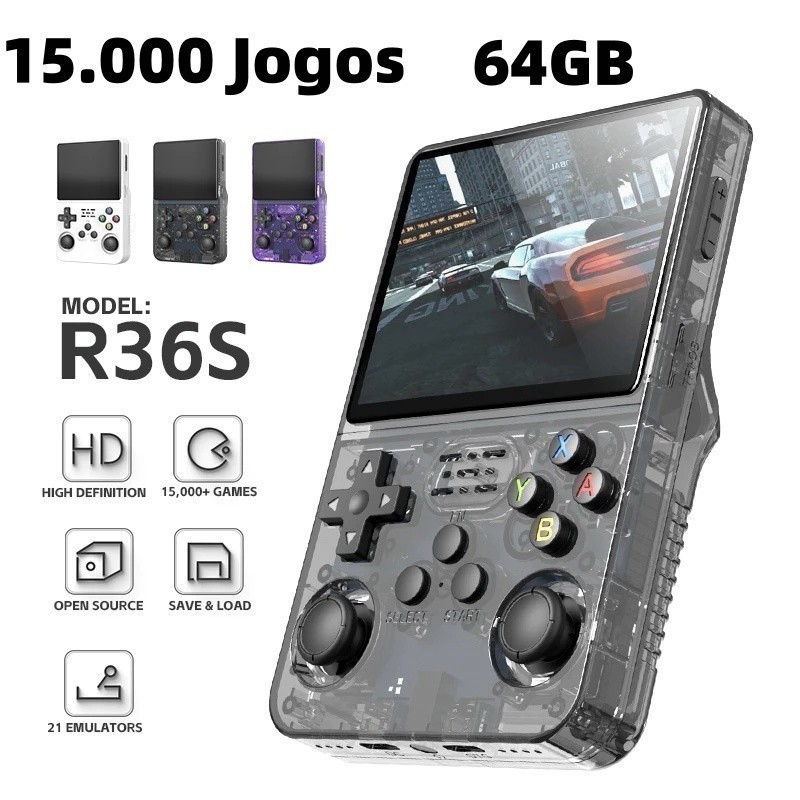 Console Portátil R36S + 15.000 Jogos De Vídeo 64g Linux Tela IPS De 3.5 Polegadas Pronta Para Entrega