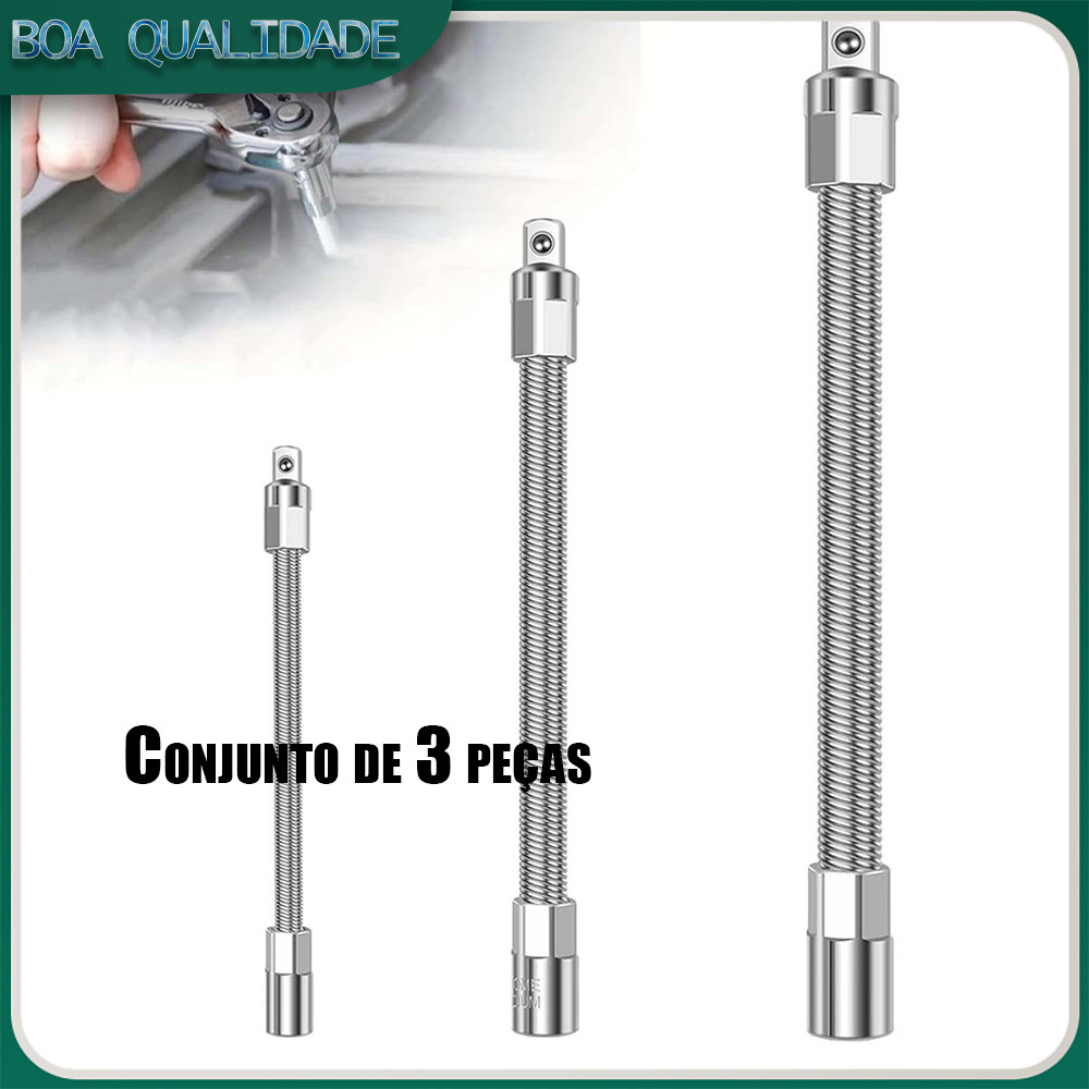 Prata Kit 3 Pcs Driver Flexível Longo Soquete Extensão Haste Adaptador Chave Catraca 1/4, 3/8, 1/2