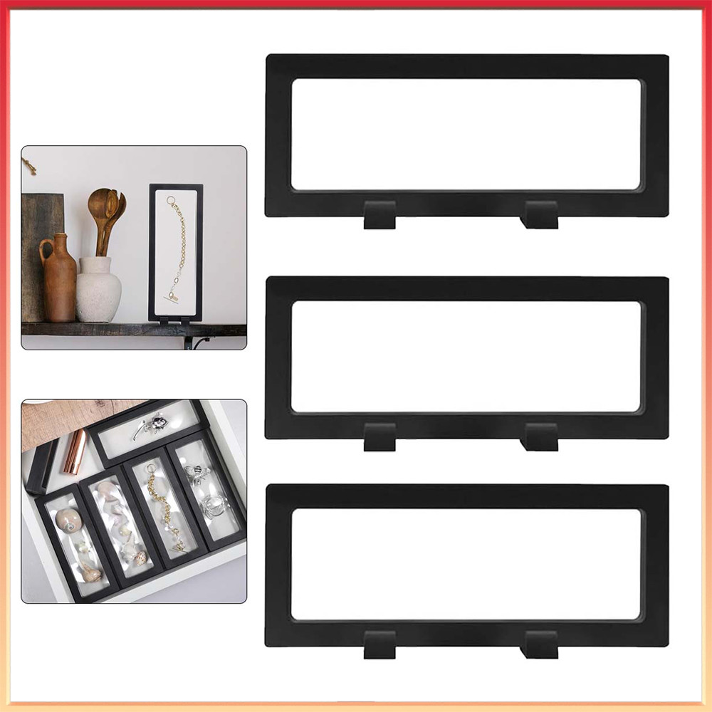 3 Peças Expositor de Armação Flutuante 3D Preto 23x9cm – Fácil montagem, filme flexível, mostra objetos de 330°