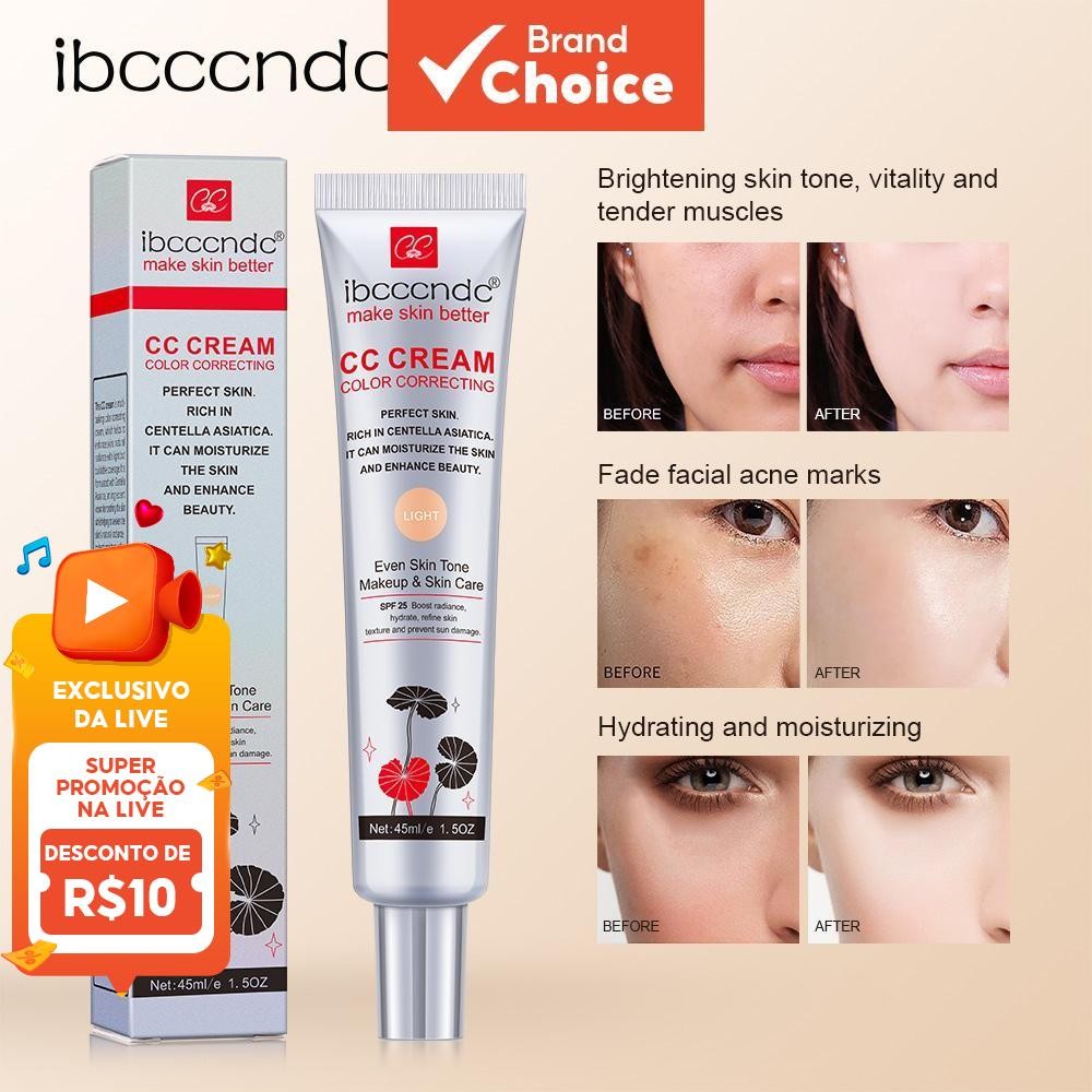 Creme Facial CC Corretor de Cor com Centella Asiatica, BB Cream Reparador e Base Líquida Clareadora - 45ml.