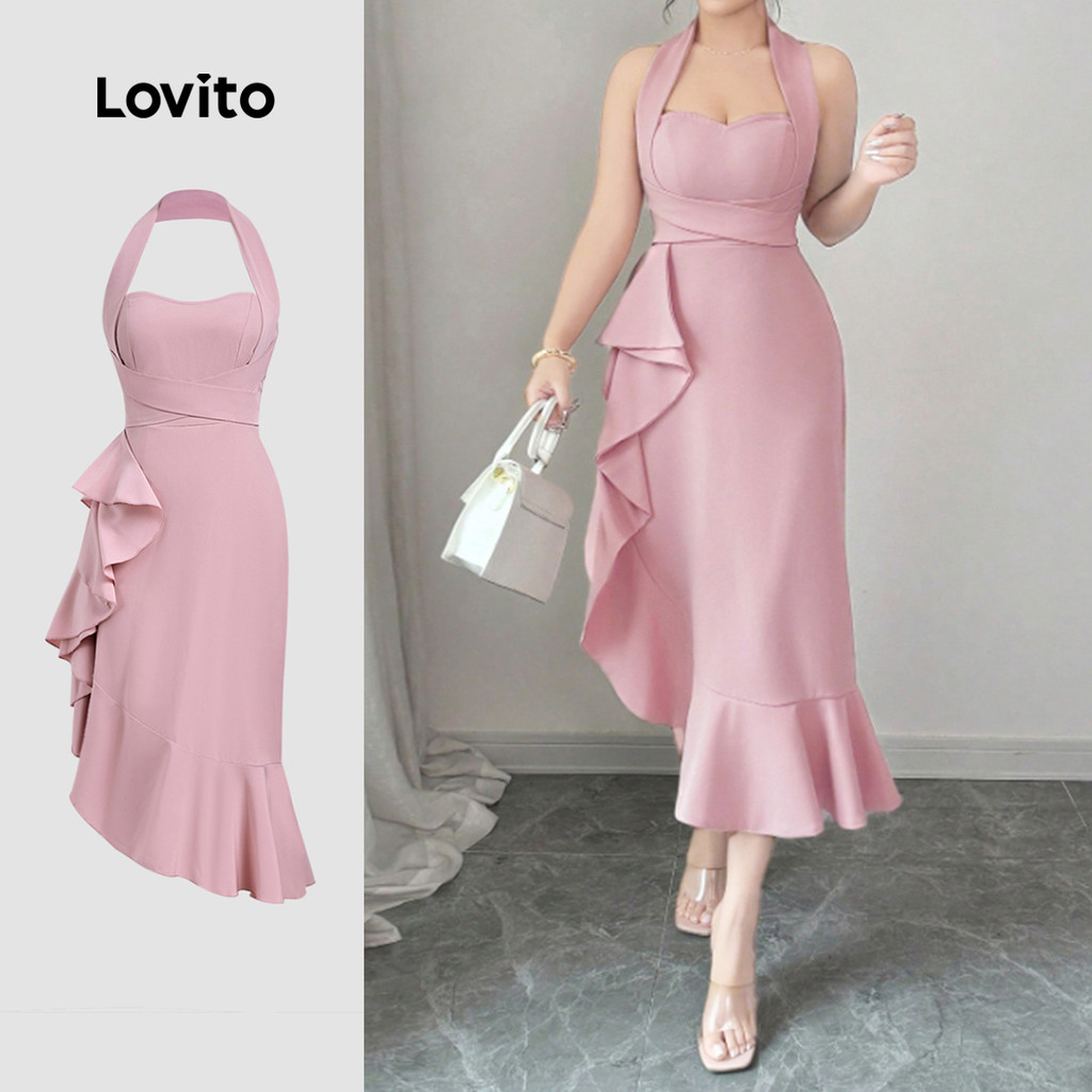 B155-OCT25-B-1-Asimétrica Folha de Lótus Costura Halter Neck Halter Vestido Elegante-NEW-DRB155PAD253 em Oferta na Shopee