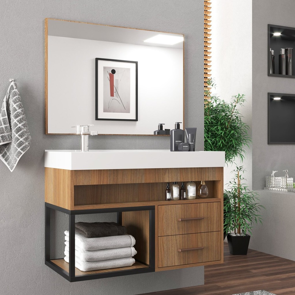 Conjunto Gabinete para Banheiro com Espelheira New 80 Noce