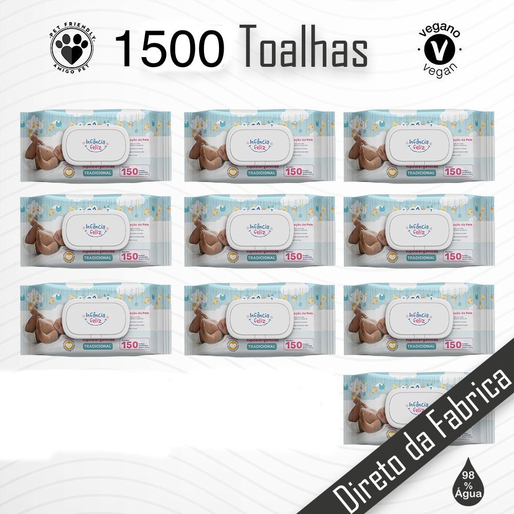 Kit 10 Pacotes Toalhas Umedecidas INFÂNCIA FELIZ - 150 folhas Com Tampa Flip Top 98% Água