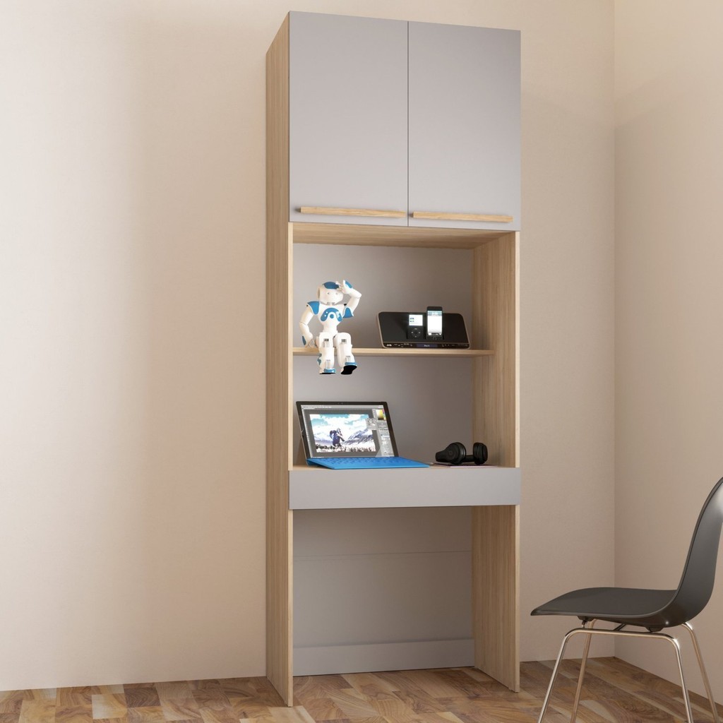 Módulo Escrivaninha San Diego 1 Gaveta 2 Portas 80cm Aveiro Oak E Cinza Urbano Aveiro Oak
