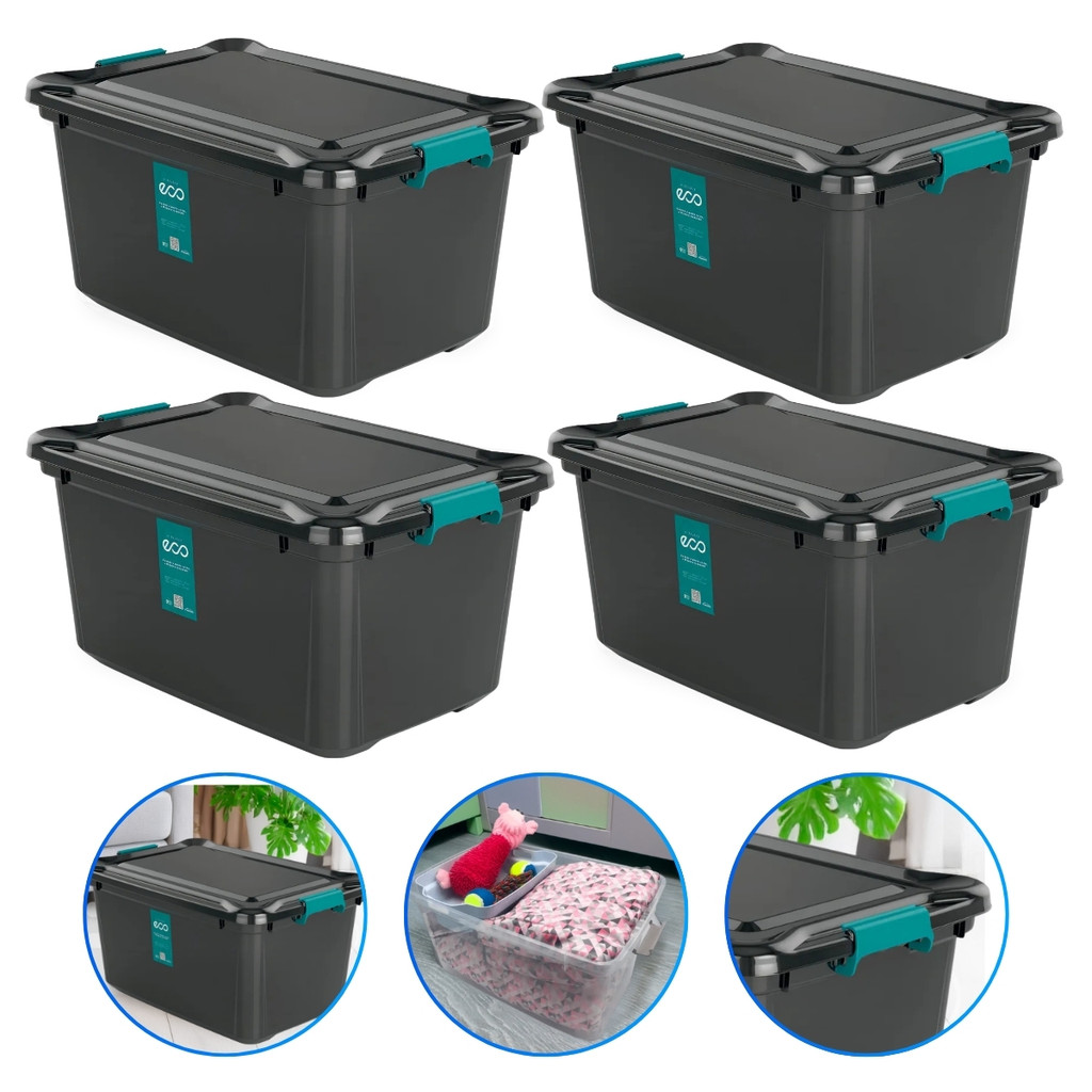 Kit 4 Caixa de Armazenamento com Trava- 27L Preta ,Multiuso