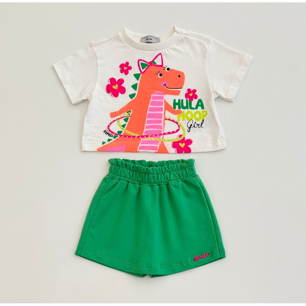 Conjunto Infantil Bimbi Blusa Lúdica Dinossauro e Short Saia Verde