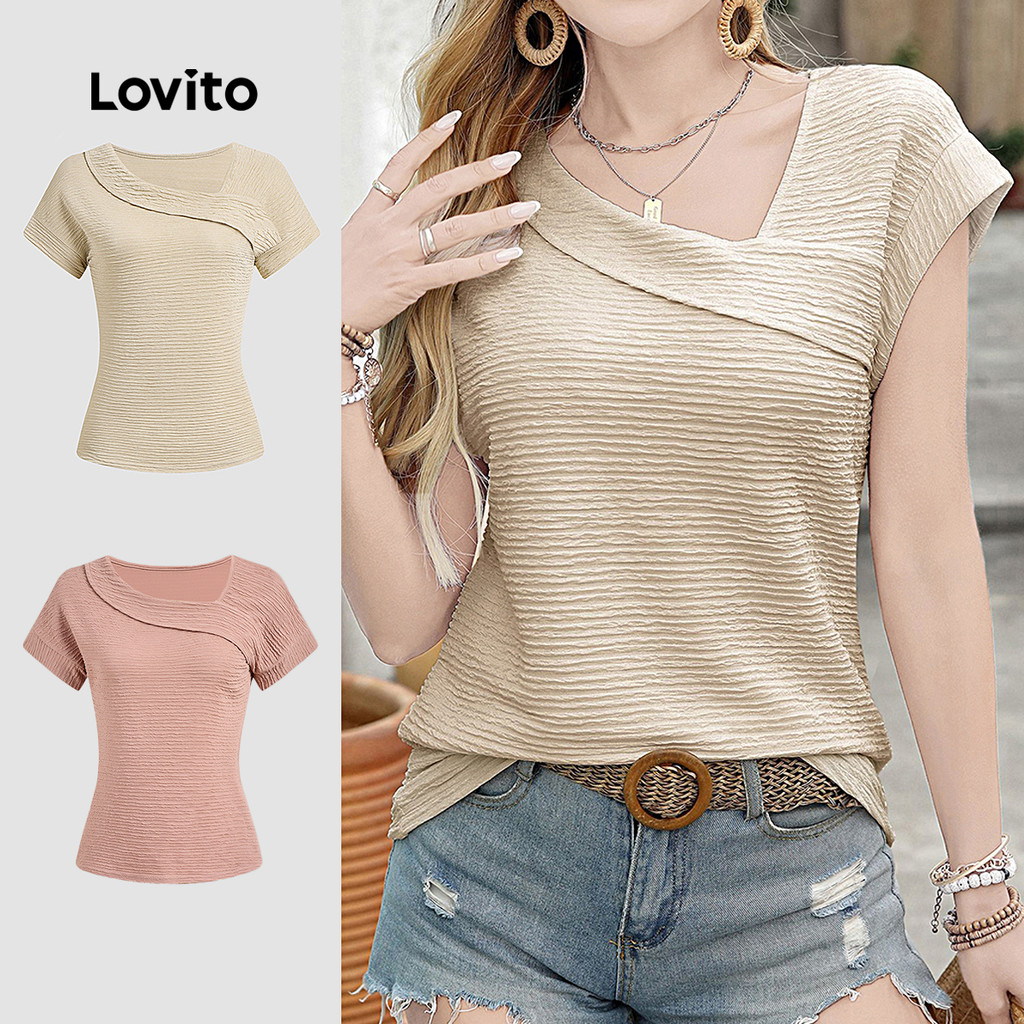 Lovito Blusa Casual Assimétrica Com Gola Contrastante Primavera/verão Cáqui Claro Blusa Feminina L134ED658 em Oferta na Shopee
