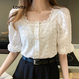 Lovito Blusa Casual Simples Ilhó Bordado Pérola Fivela Contraste Blusas De Renda Para Mulheres (Branco) LNE16069