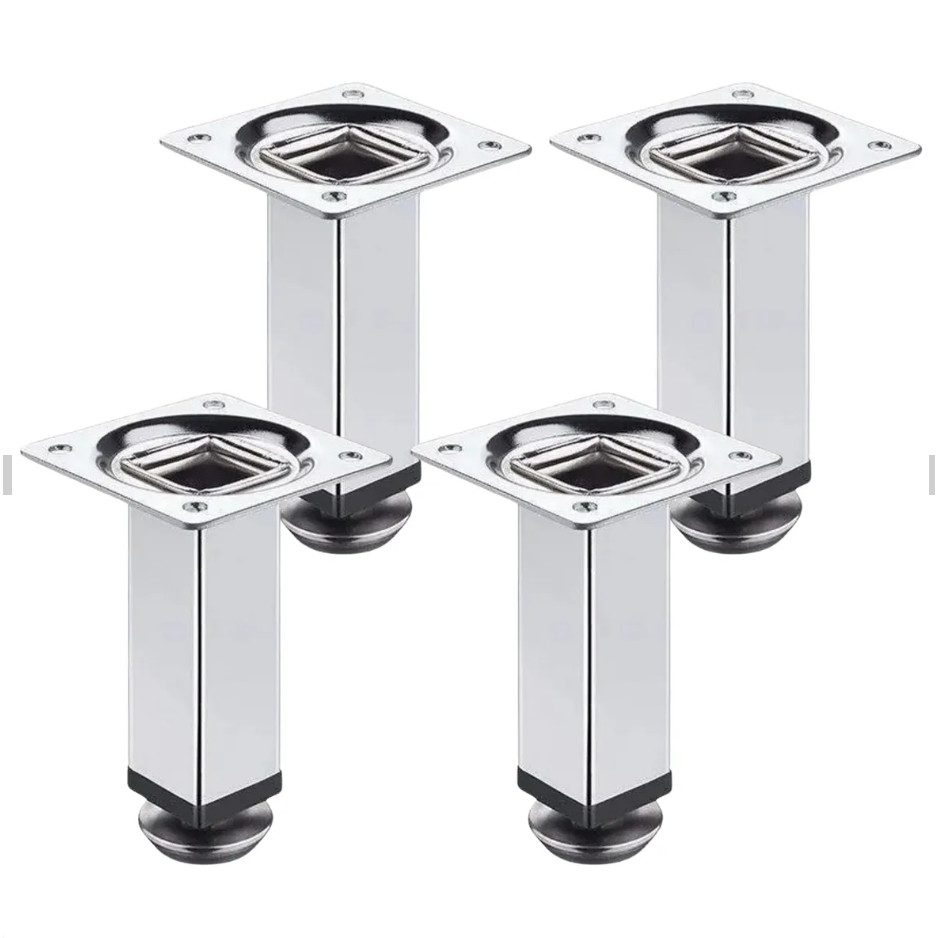 Kit 4 Un Pé Para Móveis Quadrado Aço Cromado Regulável 10cm Suporte Nivelador para Móveis Reforçado