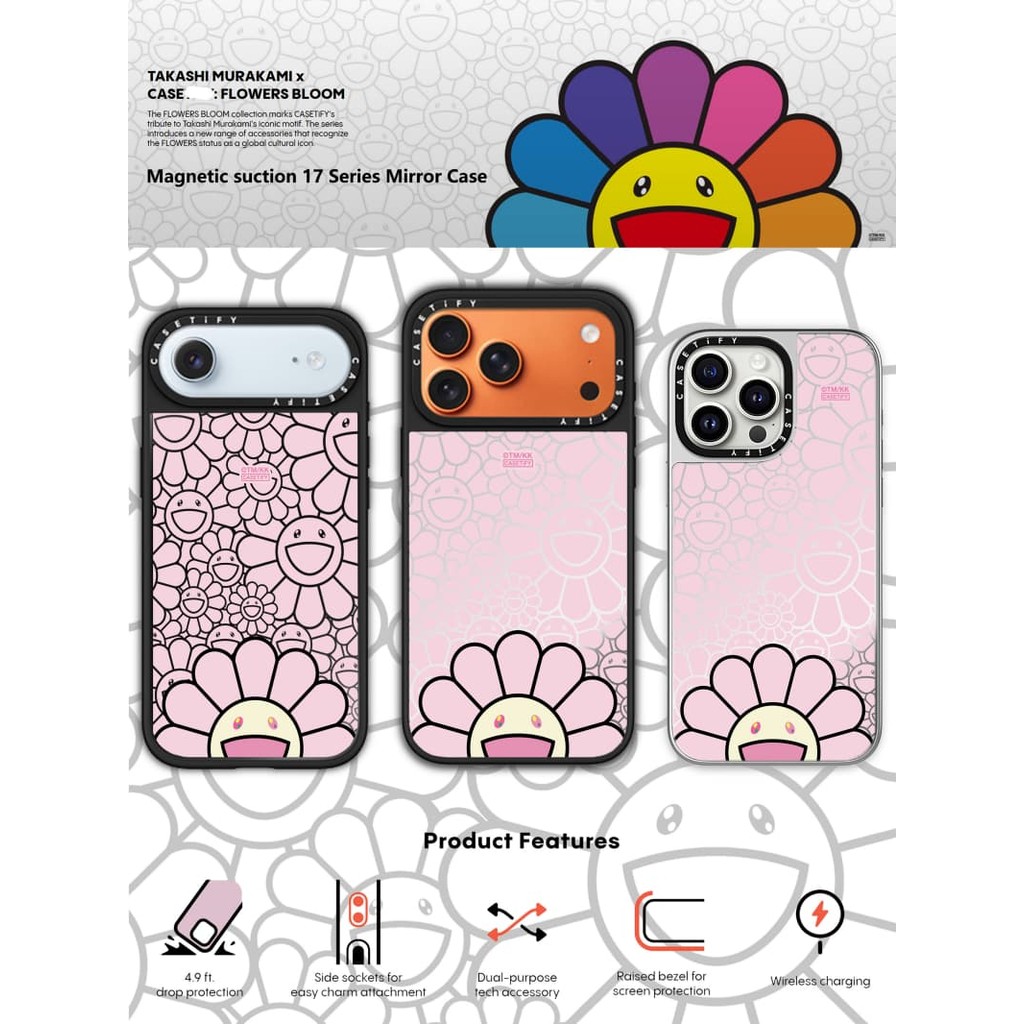 TAKASHI MURAKAMI x CASECASE : Flores BLOOM SMILE (Rosa) Capa Para IPhone Com Sucção Magnética Espelhada Preta E Prateada