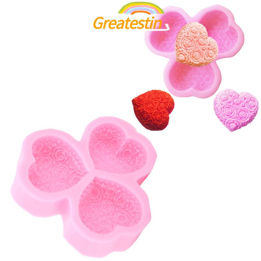 Molde De Flor Rosa GREATESTIN , Forma , Em De Coração De 3 Cavidades Silicone Com Bordas Lisas