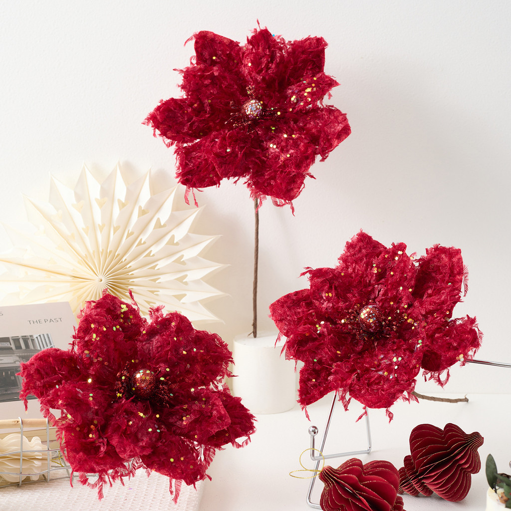 22CM Vinho Tinto Flor de Natal Simulação de Natal Flor de Magnólia