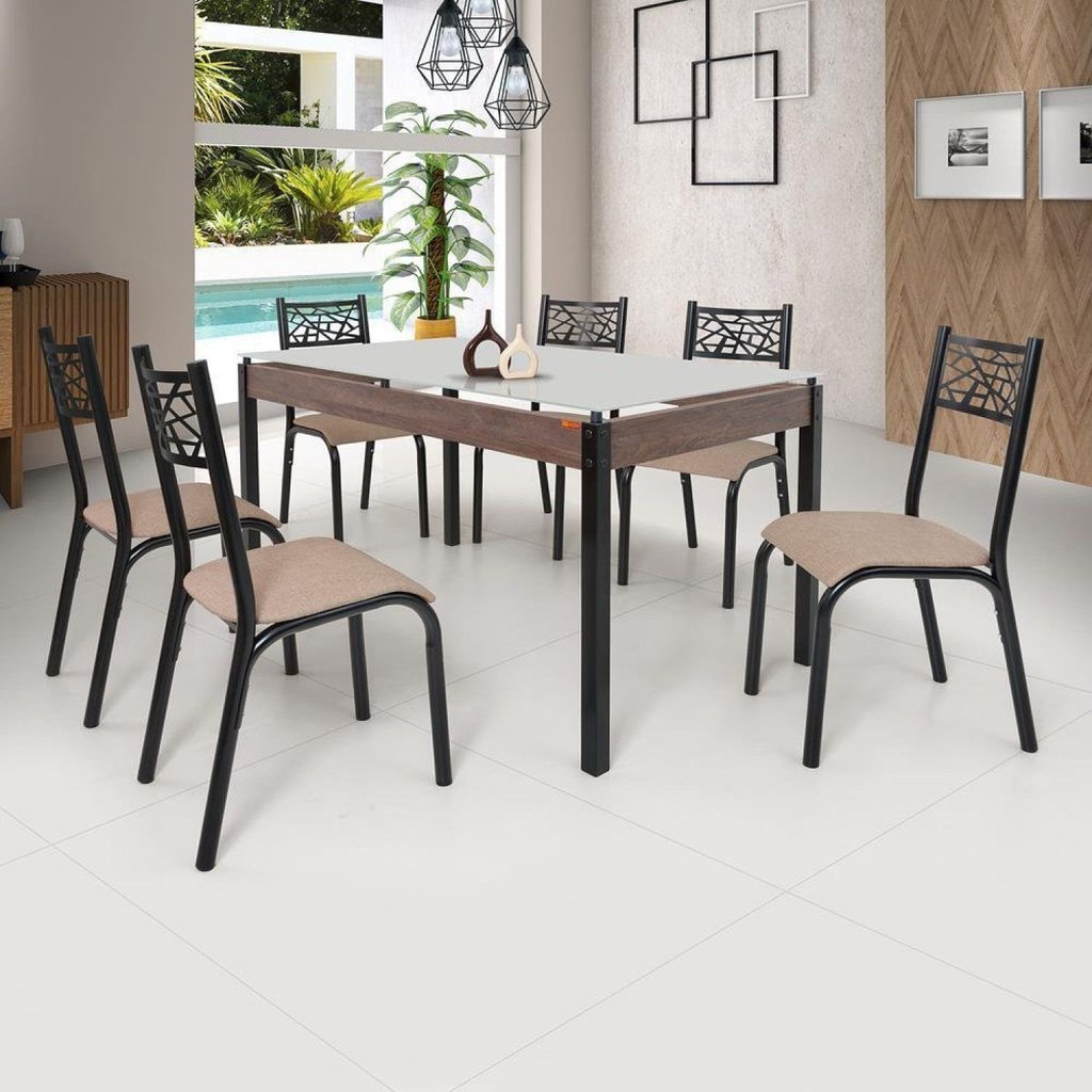 Conjunto Sala de Jantar Mesa Jade 140x80cm Tampo Vidro com 6 Cadeiras Bege/Preto Fosco/Linho Preto Fosco/Linho Bege