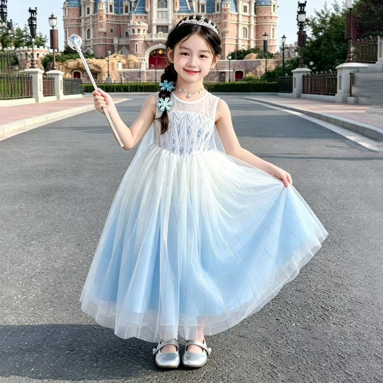 Menina elsa vestido de princesa 2026 novo estilo elegante vestido de verão menina lindo vestido enorme lindo elsa