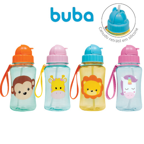 Garrafinha Animal Fun Buba Canudo Silicone Retrátil Antivazamento Infantil Escolar Garrafa 350ml