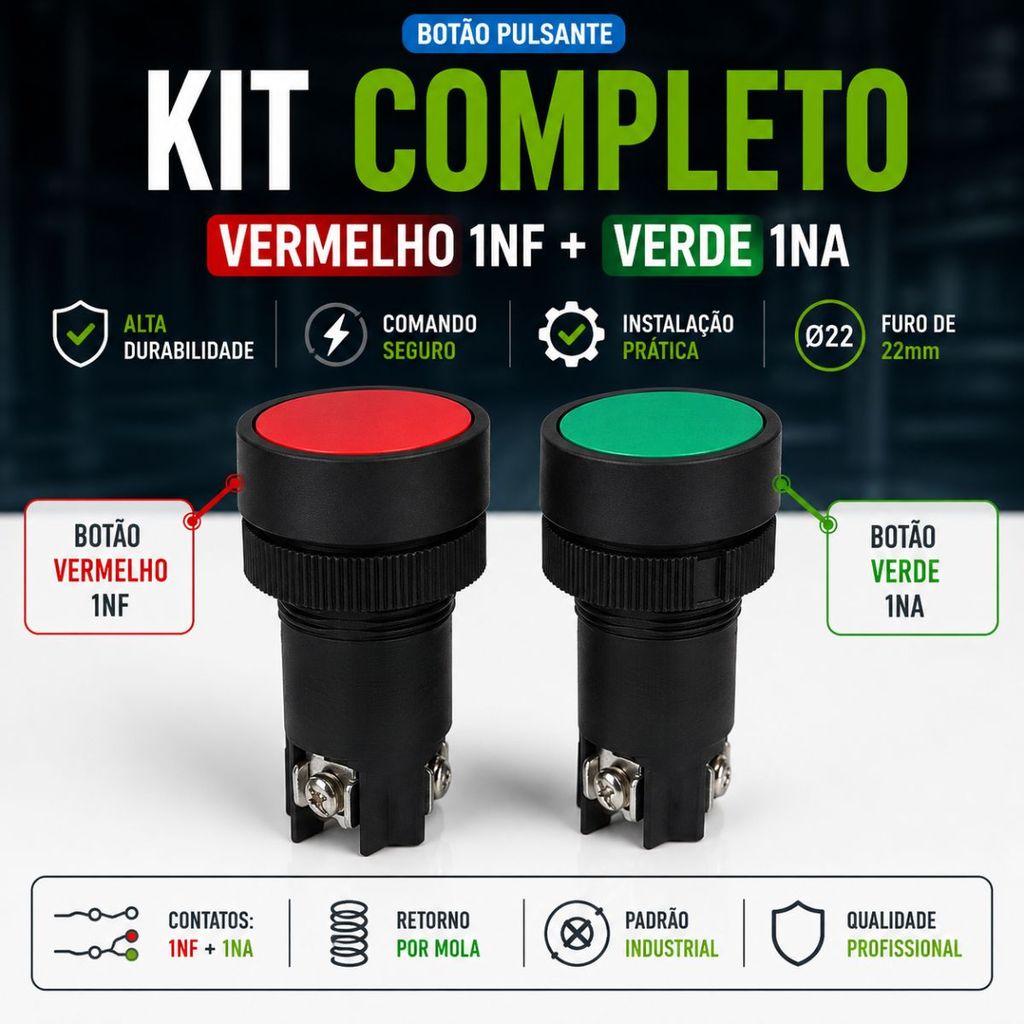 KIT BOTÃO VERDE VERMELHO LIGA DESLIGA PULSADOR 22MM PARA PAINEL ELÉTRICO COMANDO AUTOMAÇÃO