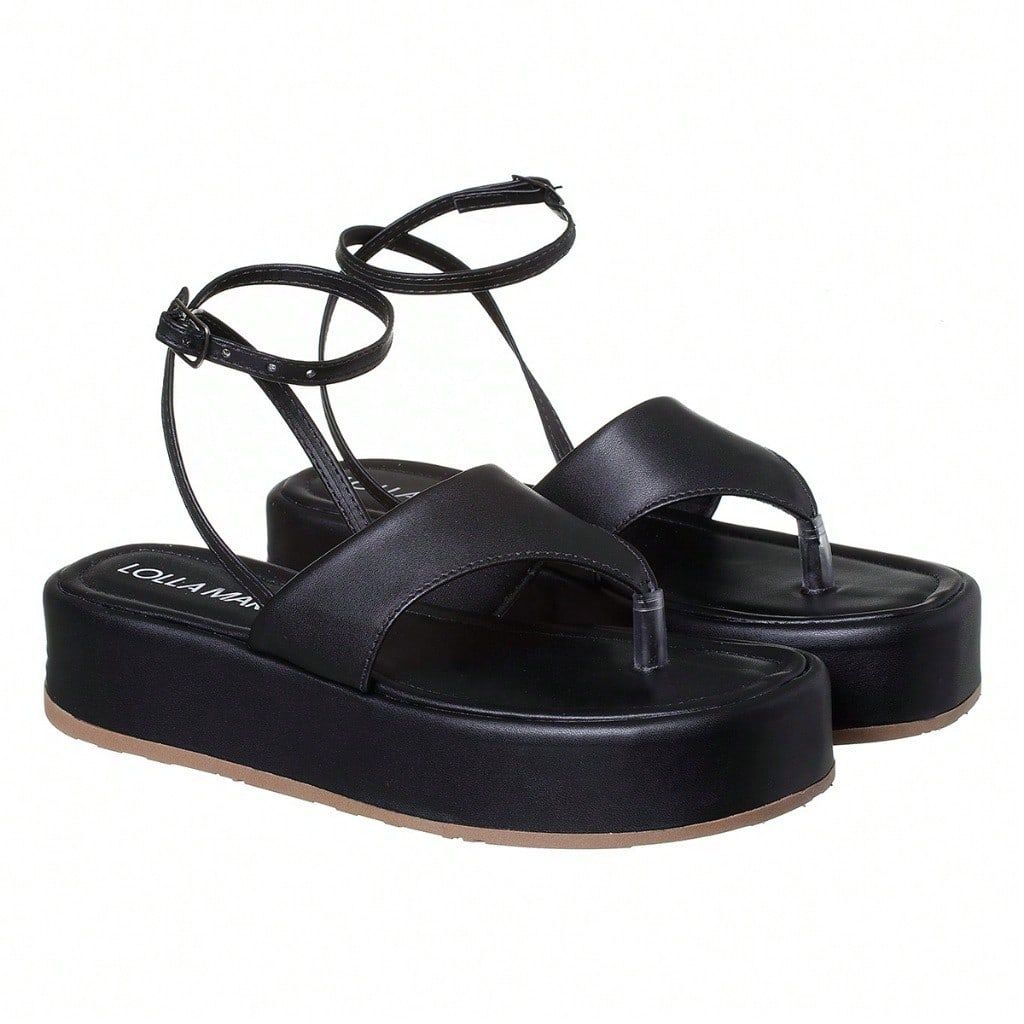 Sandália Chinelo Flat Plataforma Feminino Estilo Asa Delta de Amarração Metalizado Verniz Confortável
