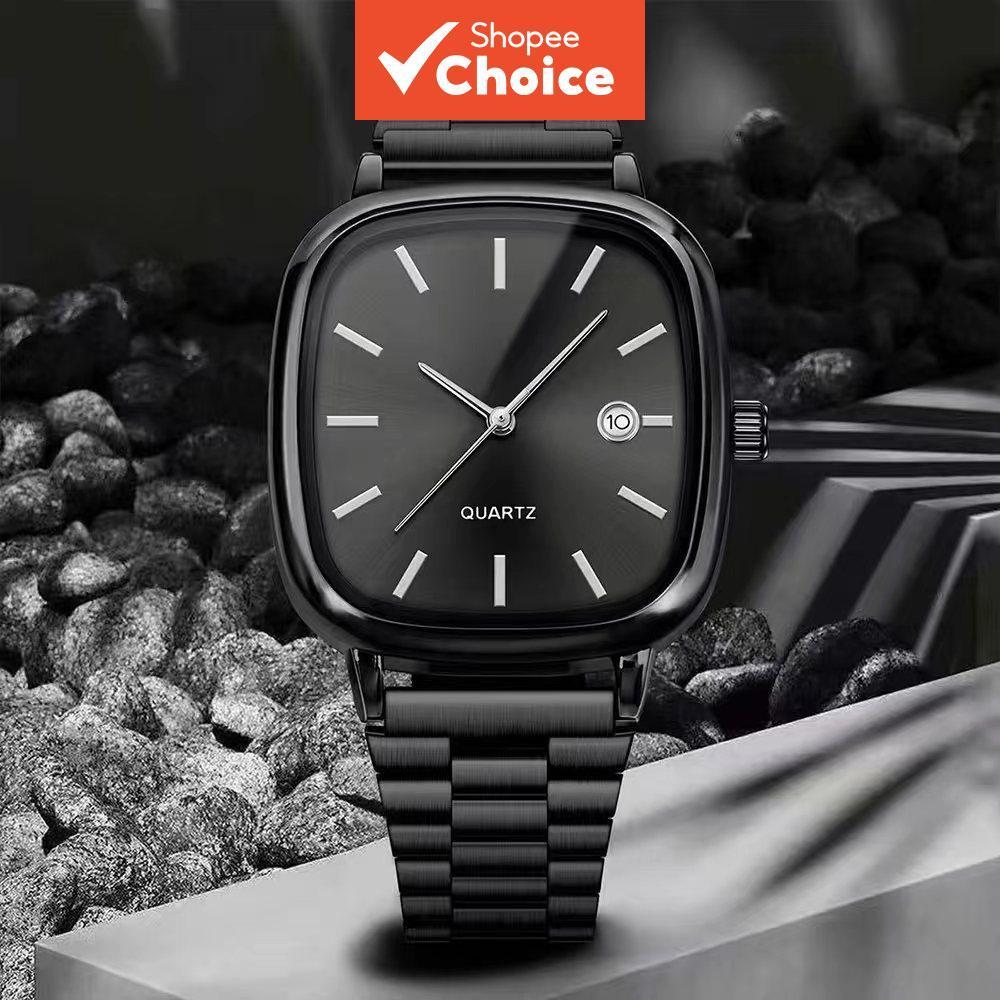 Relógio Masculino Preto em Aço Inoxidável Quadrado Dial Data Quartzo Relógio de Pulso Relo para Homens Acessórios