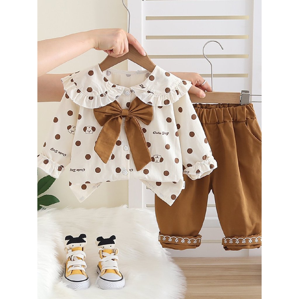 Meninas roupas de primavera 2026 novo estilo moda bolinhas boneca colarinho camisa conjunto bebê primavera moda bebê cri