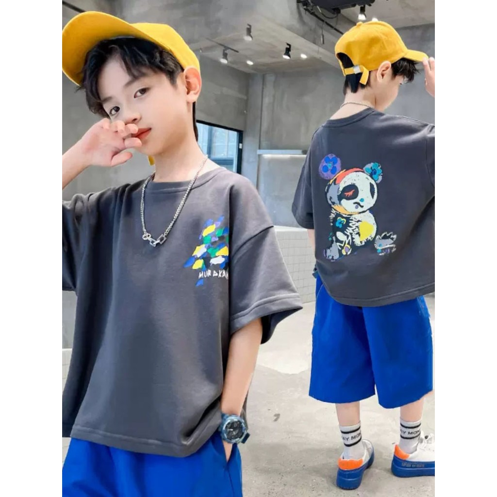 Algodão puro 2024 verão crianças meninos verão Casual esportes versão coreana médio grande crianças camiseta calças impr