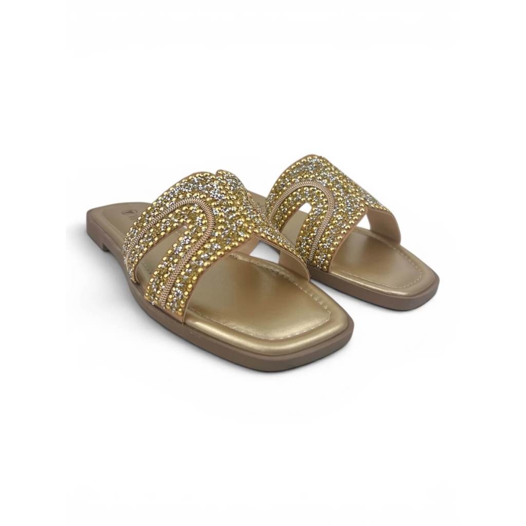 Sandalia Rasteira Slide Via Uno Com Aplicação De Strass   Ouro