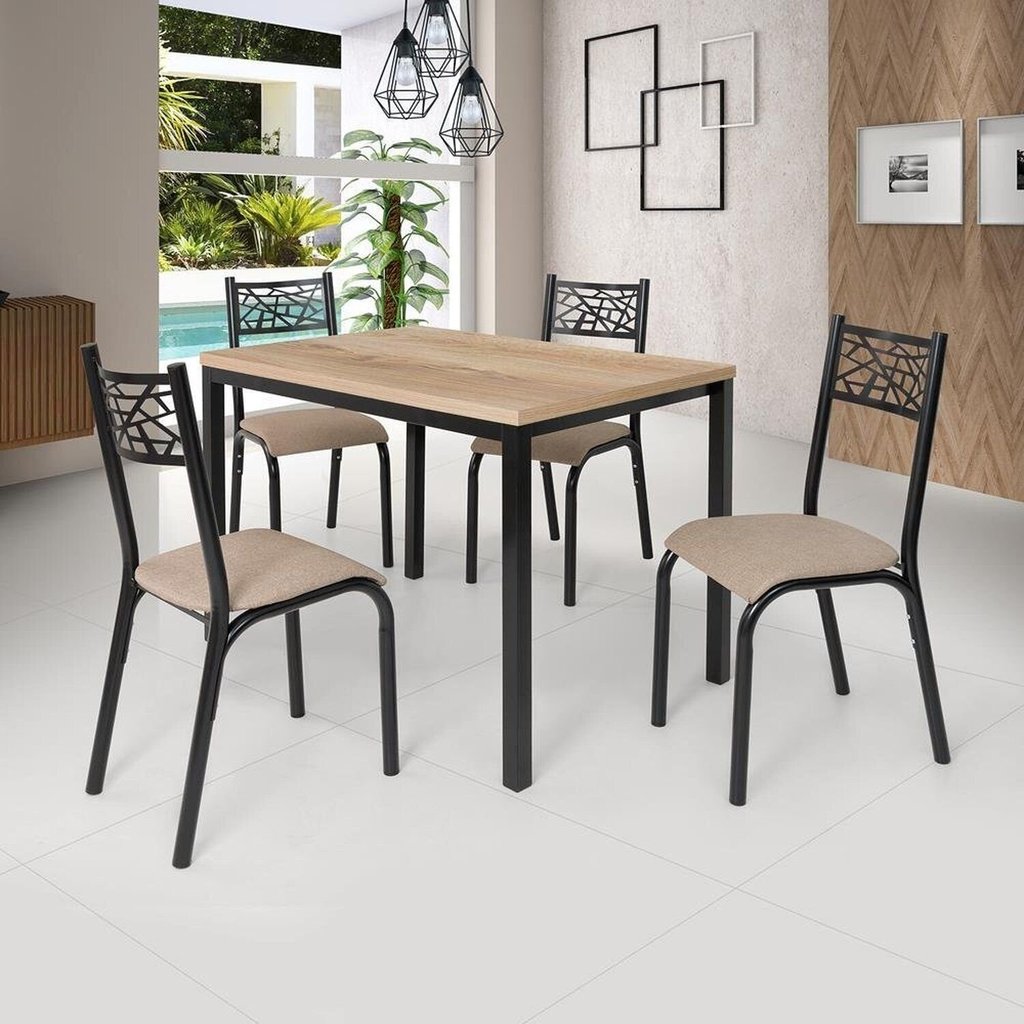 Conjunto Jade Flex 1,10m Tampo Laminado com 4 Cadeiras Marrom/Preto Fosco/Bege/Carvalho Preto/Bege/Carvalho