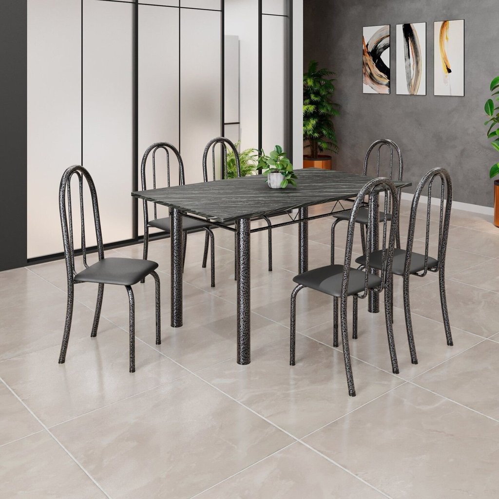 Conjunto de Mesa Tubular 140cm x 75cm Tampo em Ardósia Indiano com 6 Cadeiras Iris B Prata/Preto