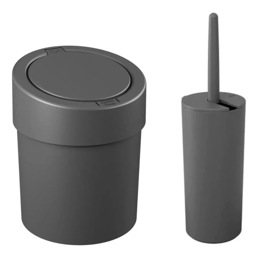 Kit Banheiro Coza Serene Lixeira 5 Litros Basculante Escova Sanitaria Conjunto Para Lavabo Cinza