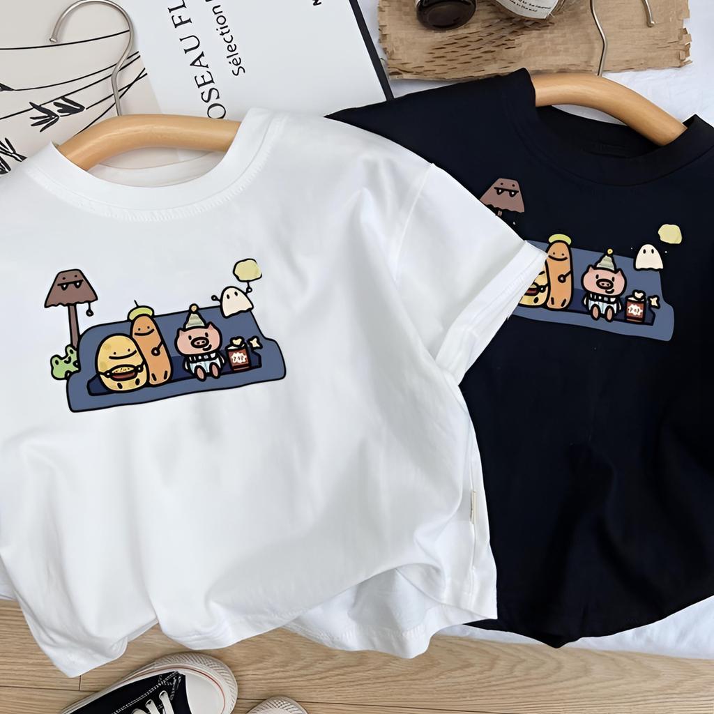 Algodão puro crianças verão de manga curta dos desenhos animados em torno do pescoço fino camiseta solta fina médio pequ