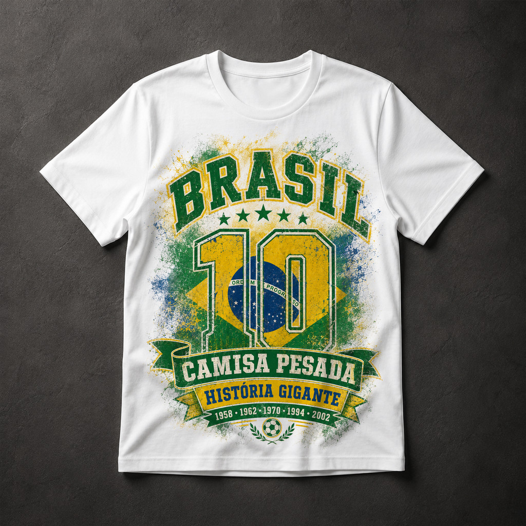 Camiseta Brasil Futebol Número 10 Camisa Pesada História Gigante Copa do Mundo Retrô Masculina