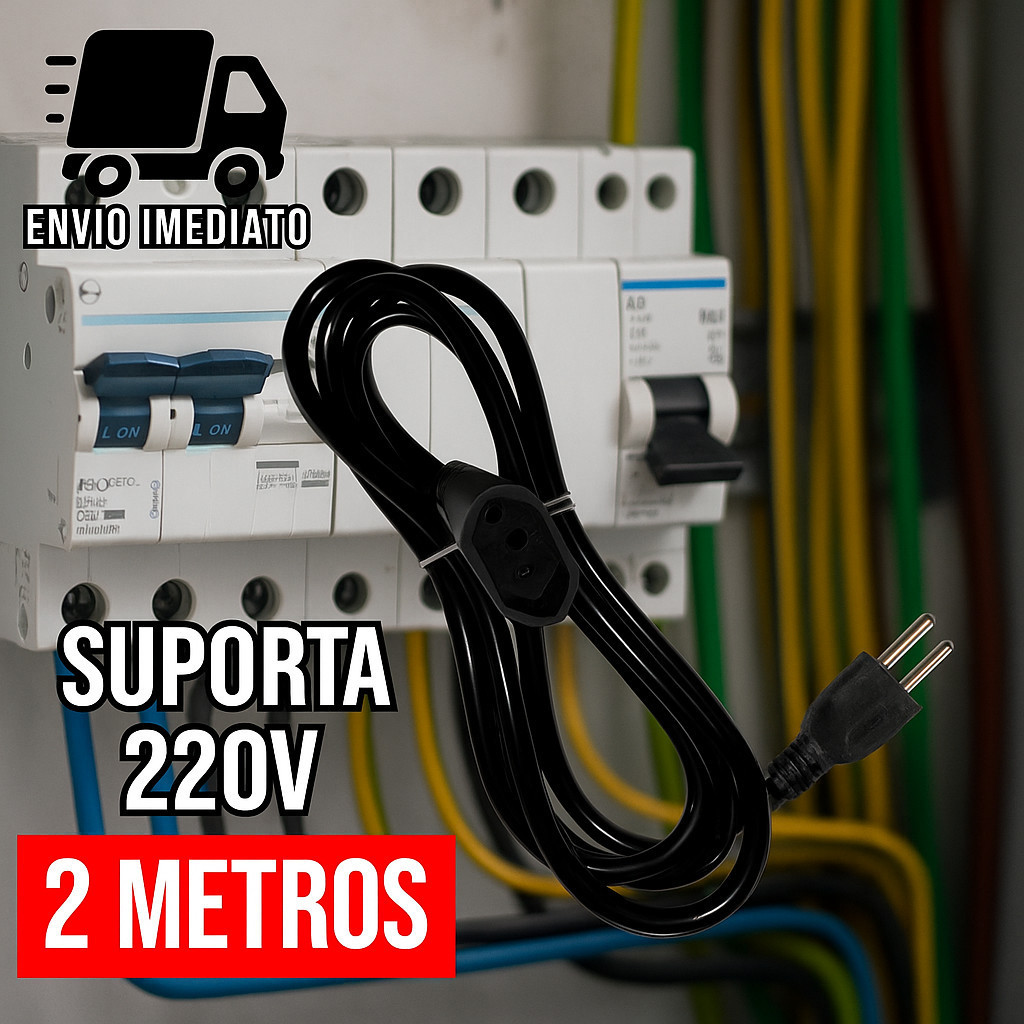 Extensão Elétrica e Prolongador Preto Extensor de Cabo 2 Metros Bivolt 110v e 220v