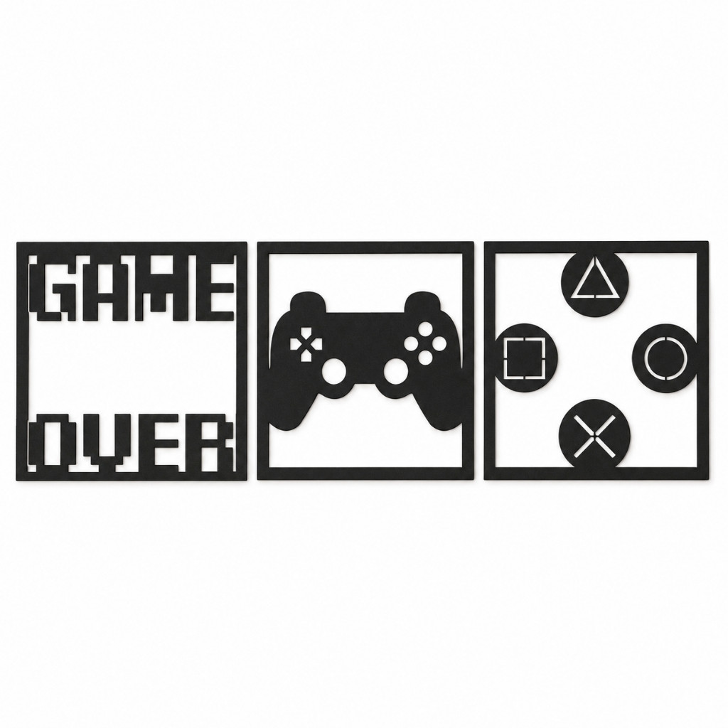 Kit 3 Quadros MDF Gamer Preto 3mm Controle Game Over Decoração Quarto Sala 30x30 15x15