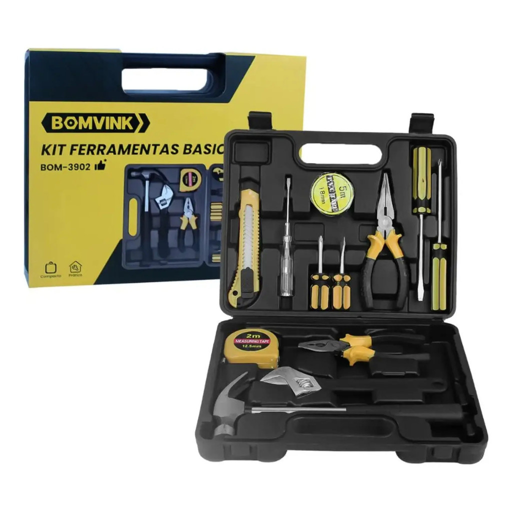 Kit Ferramentas Básicas 12 Peças Bomvink BOM-3902 com Maleta Martelo Alicate Chave Inglesa Trena Estilete Fenda DIY Casa