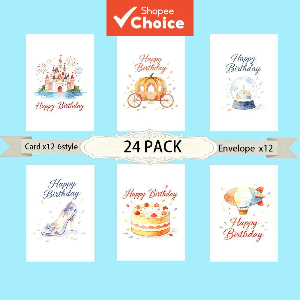Cartões De Aniversário Em Aquarela – 24 Conjuntos Com Envelopes Arte Pastel Suave Interior Branco Cartolina Premium