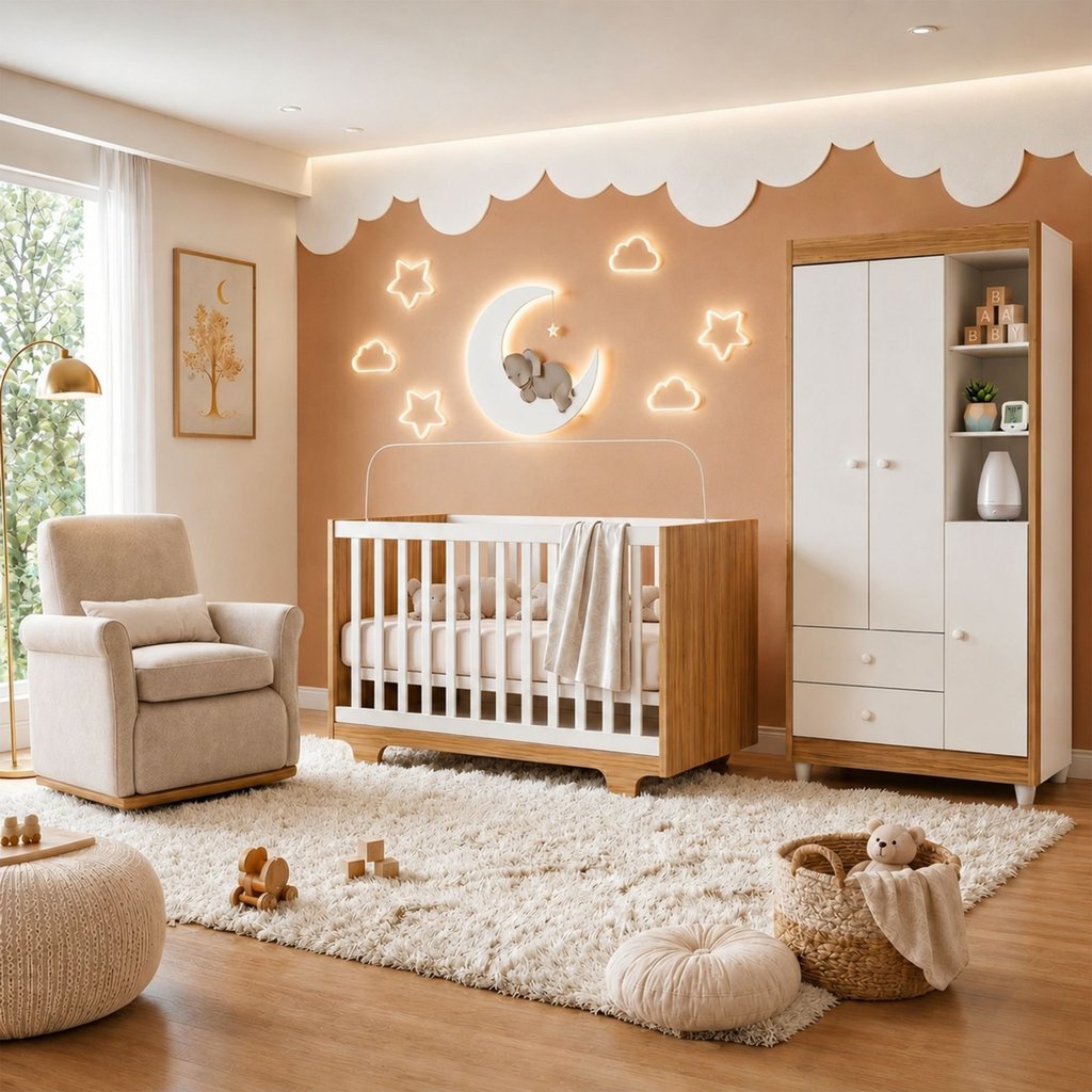 Quarto de Bebê Guarda Roupa 3 Portas e Berço Mini Cama 100% MDF Nina Branco/Amadeirado