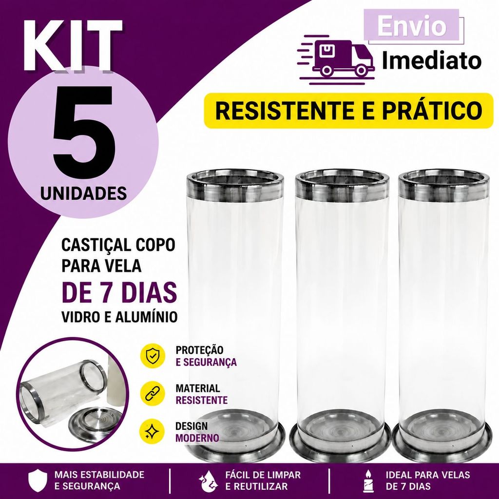 Copo / Castiçal para Vela 7 Dias Vidro Reforçado Castiçal Religioso - Vidro Alumínio - ZP7