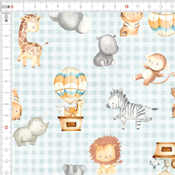 Tecido Tricoline Estampado Safari e Balões Infantil Costura Artesã Bolsa Ateliê Confecção DIY