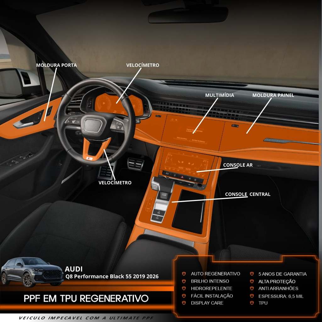 Película PPF Proteção Kit Interior Completo Audi Q8 Performance Black 2019 2020 2021 2022 2023 2024