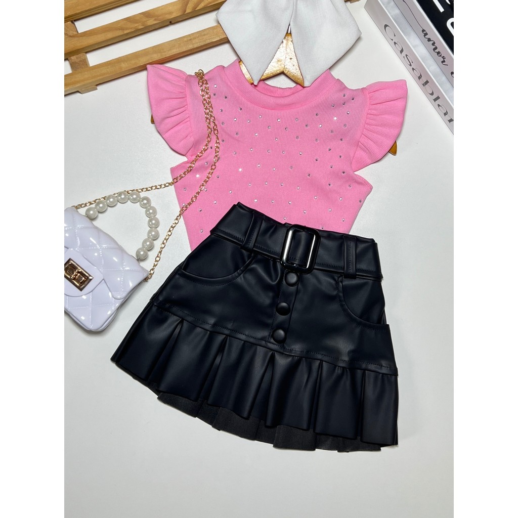 Conjunto 2 Peças Infantil Menina Saia Plissada e Blusa com Brilho Verão Passeio