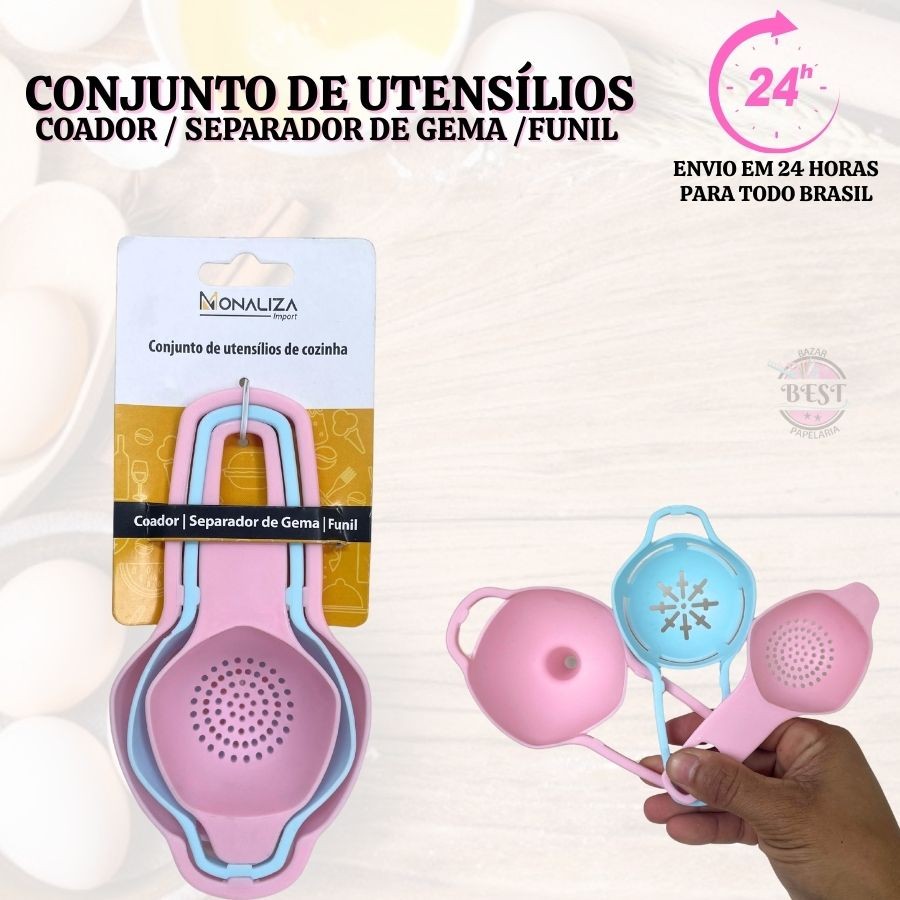 Kit Funil Com Separador De Gema De Ovo Peneira Plástico Funil 3 em 1 Utilidade Confeitaria Cozinha