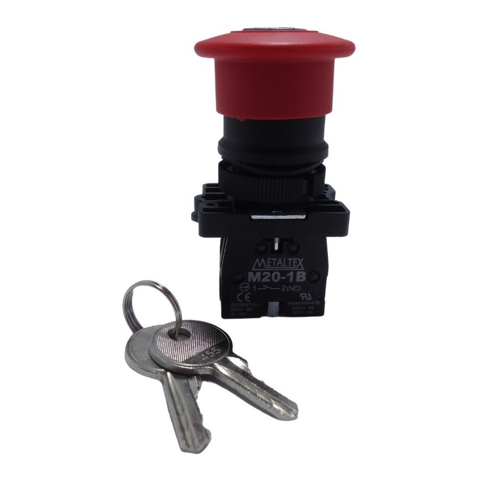 Botoeira/Botão de Emergencia 22mm C/Chave Metaltex NF P20ACR-R-1B VM