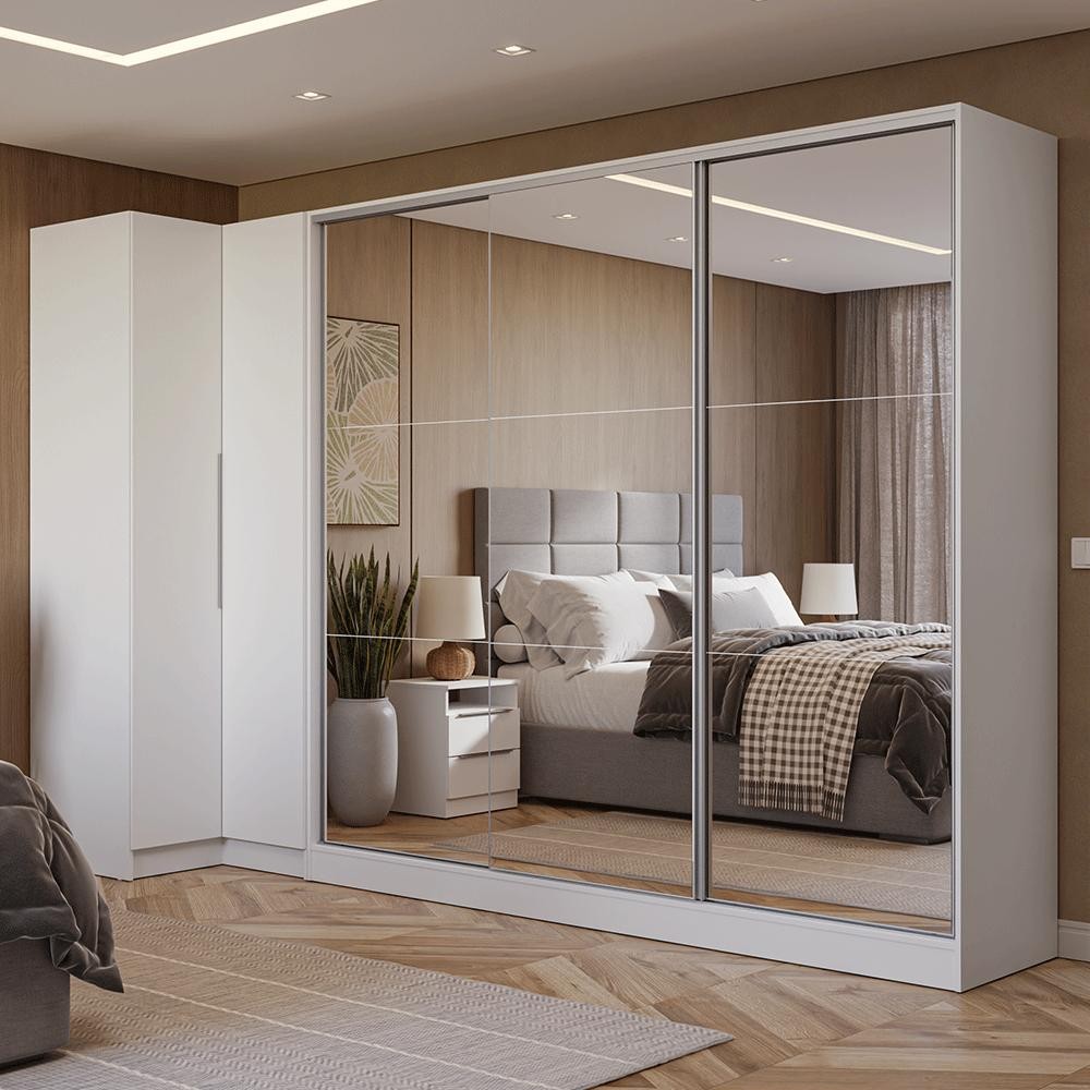 Guarda-Roupa Modulado Neo + Guarda-Roupa Royale 3 Portas de Correr de Espelho Branco Madesa