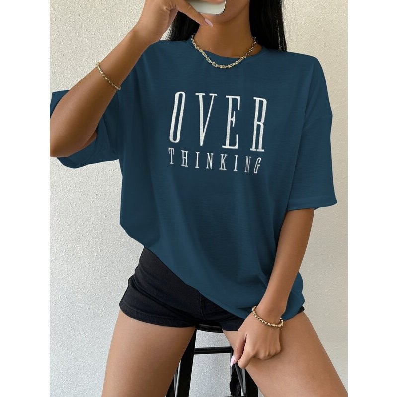 Camiseta Feminina Oversized Over Thinking estilo de Rua Largo Academia 100% Algodão 30.1 Corte Reto