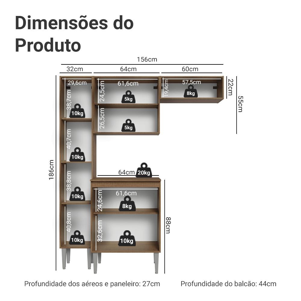 Armário de Cozinha Compacta 156 cm Rustic/Preto Emilly Madesa 01