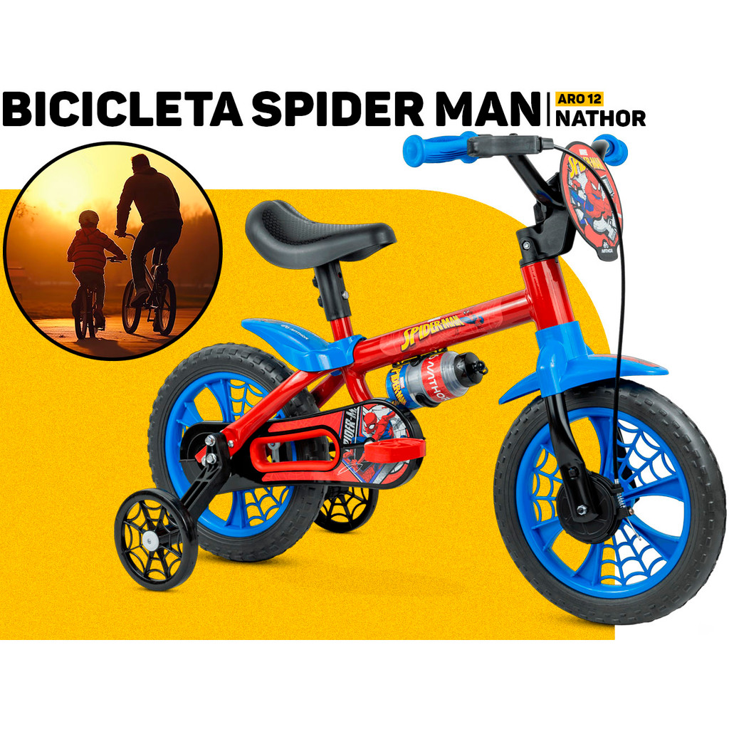 Bicicleta Bike Infantil Homem Aranha Spider Man Menino Aro 12 C/ Rodinha Lateral Garrafinha Nathor